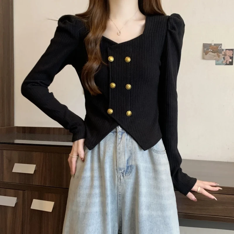 Knitted Shirt with Bubble Sleeves and Square Neck Short Style and Temperament Double Row Knitted Base Slim Fit Long Sleeved Top