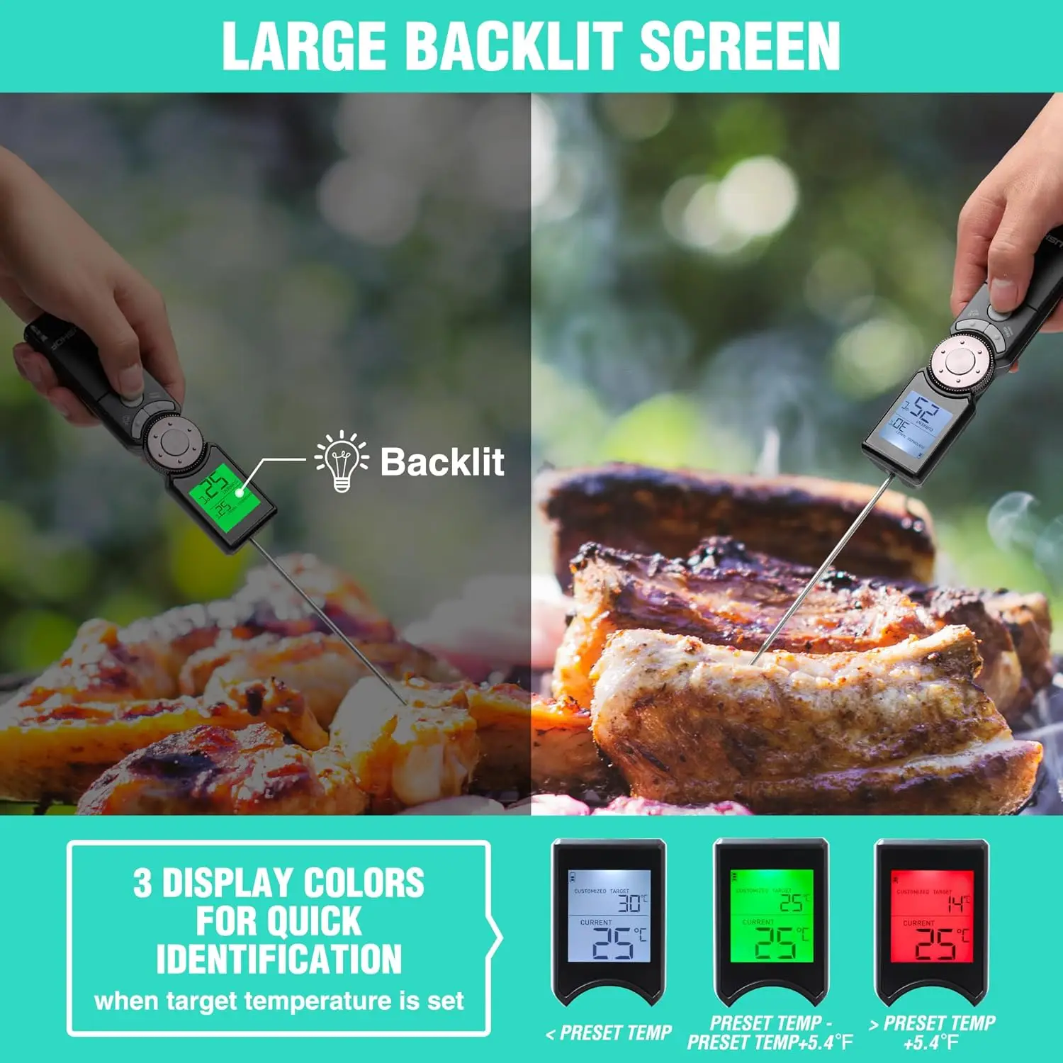 Instant Read Digital Meat Thermometer, High Accuracy Probe with Timer & Quick-Set Scroll Interface for Grill, BBQ, Frying