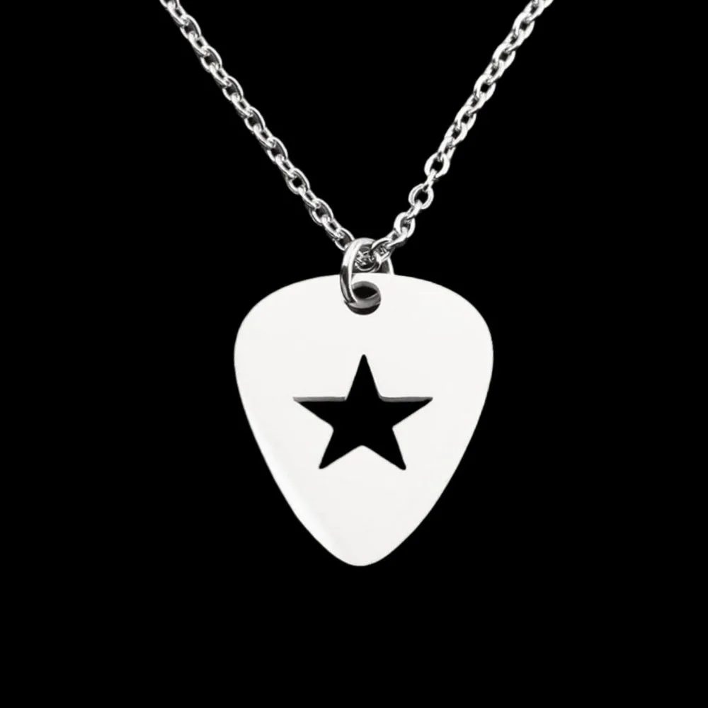 Hip-hop Punk Color plateado guitarra Pick ahuecado estrella de cinco puntas colgante Cruz Collar de cadena para mujer Collar cadena joyería