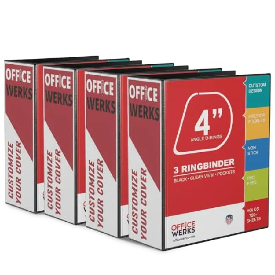 

Папка-скоросшиватель с D-образными кольцами 4 дюйма, 3 кольца, усиленная, 4 штуки в упаковке - вмещает 800 листов, прозрачная, для презентаций, с 2 карманами для формата 8,5x.