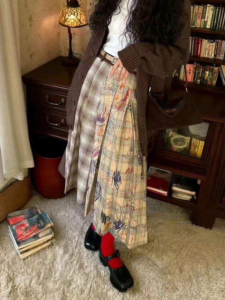 

Женские плиссированные юбки в стиле ретро с граффити, осенние лоскутные юбки-миди с высокой талией Y2K, корейские шикарные юбки трапециевидной формы с принтами и складками Mujer