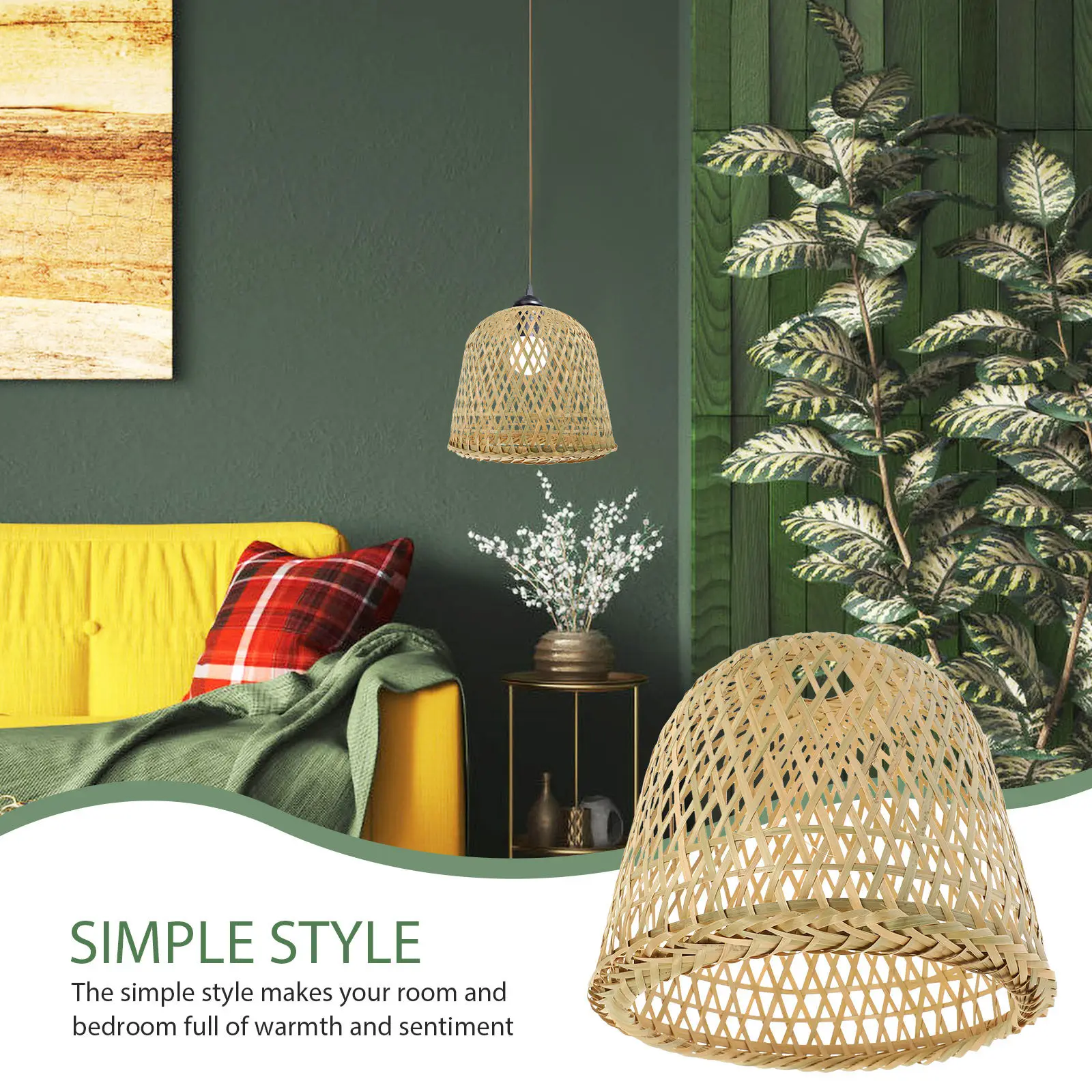 Bamboo Light Cover Vintage Lampshade for Hanging Pendant Ceiling Lamp Soft Eye Comfortable Light Diffuser Quick Upgrade Decor