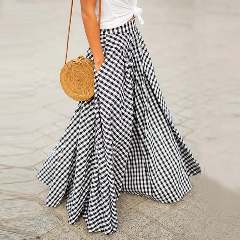 Bohemian Women High Waist Summer Long Skirt Plaid Pockets Casual A-Line Maxi Skirts Vintage Elegant Beach Skirt Long Skirt