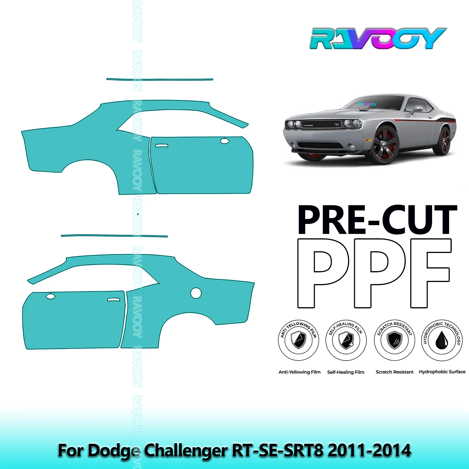 

For Dodge Challenger RT-SE-SRT8 2011-2014 8.5mil Clear Matte Pre-Cut PPF Door & A/B Pillar Kit TPU Paint Protection Film Set