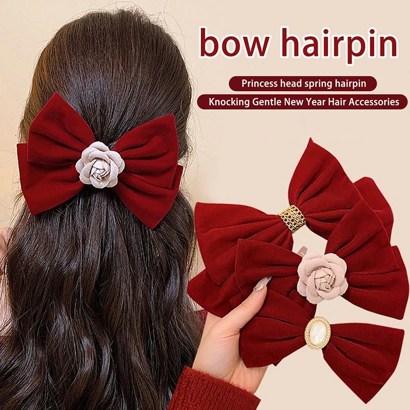 French Retro Style Small Fragrance Red Velvet Bow Hair Clip For Women's Back Of The Head Spoon Hair Clip Spring Clip Headwear