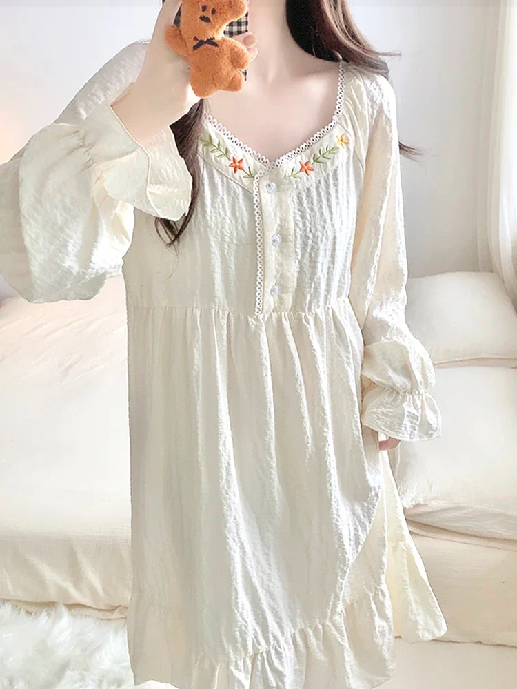 Court Style Women's Sleepwear Cotton Nightgown Pajamas Spring and Autumn Long Sleeves Chest Pad Integrated Nightdress