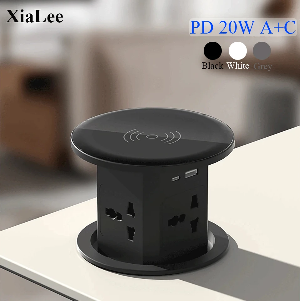 Hydraulic Damping Lifting Outlet Retractable Pop-Up Automatic Socket Wireless Fast Charging A+C Dual USB 20W Super Quick Charger