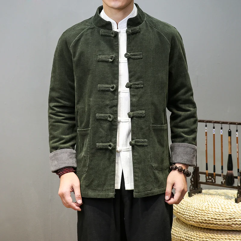 Chinese Style Vintage Corduroy Jacket Men Clothing Spring Autumn Harajuku Button Coat Plus Size Loose Tops Male