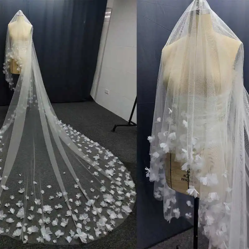 

Romantic 3D Floral Wedding Veils One Layer Long Cathedral Length Bridal Veis For Wedding Ceremony Bridal Accessorios Custom Made