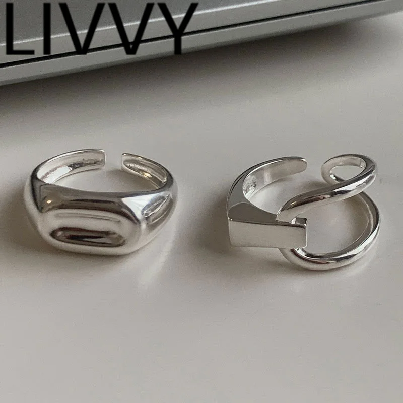 LIVVY Silver Color Korean Trendy Asymmetry Adjustable Rings For Women Simple Geometric Personality Jewelry  Gifts