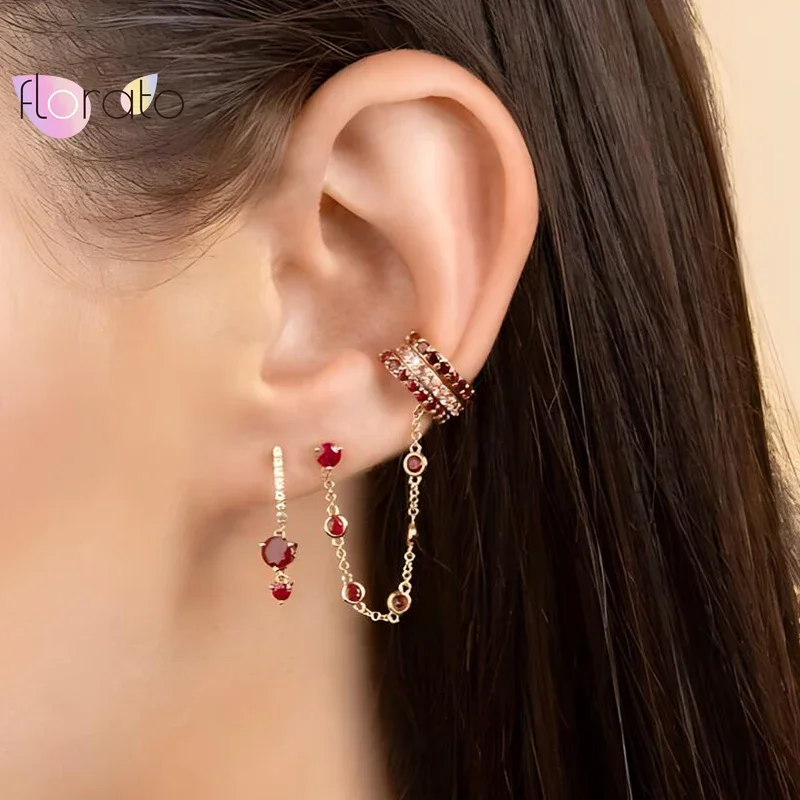 1PC 925 Sterling Silver Needle Double Hole Link Chain Hoop Earrings for Women Colorful Crystal Pendant Huggie Earring Jewelry