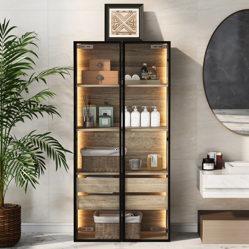 LED-Spiegelschrank, 73 cm breit, mittelgroß, mit 2 großen Schubladen und 2 Glastüren. Moderner Badezimmeraufbewahrung mit integrierter Lichtleiste.