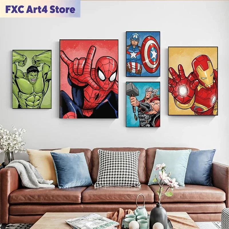 

FramelessMarvel Avengers Canvas Painting Spider-Man Iron Man Captain America Hulk Movie Posters Wall Art Mural Pictures Boys Roo