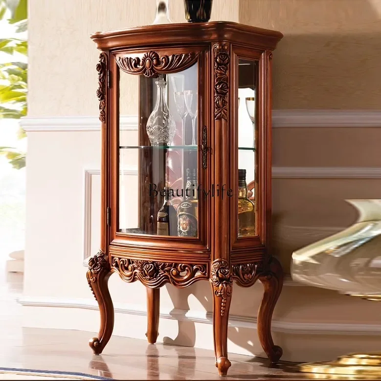 

02American solid wood carving flower wine cabinet living room wall glass display cabinet