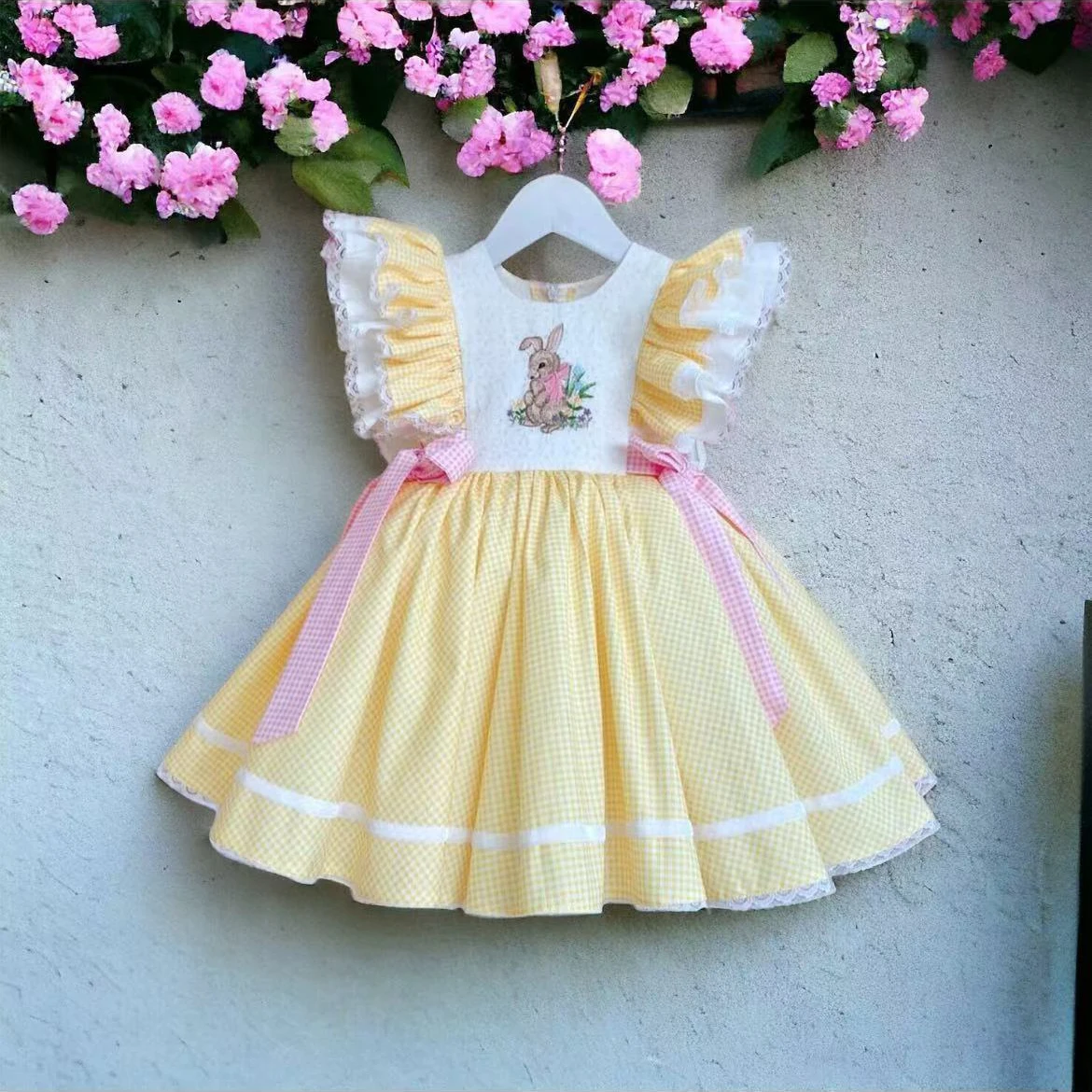 Baby Girl Summer Rabbit Embroidery Vintage Spanish Princess Ball Gown Yellow Plaid Dress for Party Holiday Eid Easter Casual