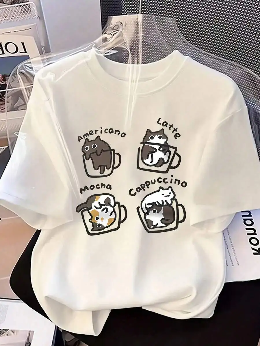 Women's Casual Short-Sleeved T-Shirts Featuring Coffee And Tea Cat Designs. Cat T-Shirts, Summer Apparel. White