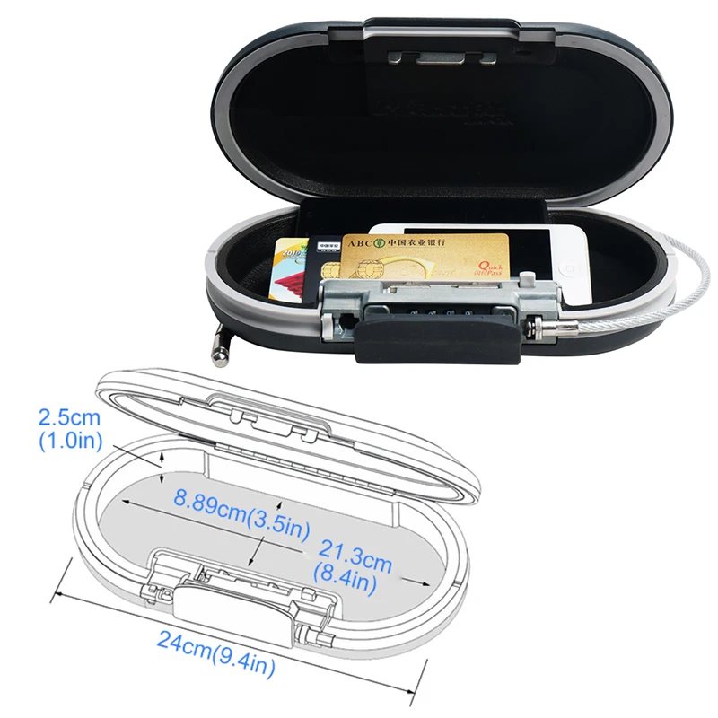 Mini Combination Portable Personal Password Lock Safe, Jewelry ATM Card, Mobile Phone Storage Belt, Fixed with Wire Rope