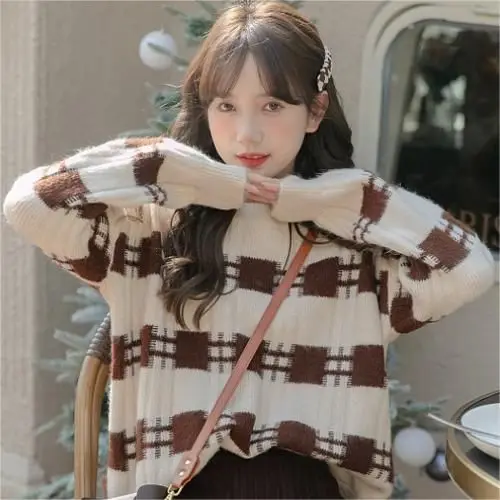 

Design Sensation Thiened f полосатый трикотаж с высоким воротником, женский осенне-зимний японский свитер Lazy Faion