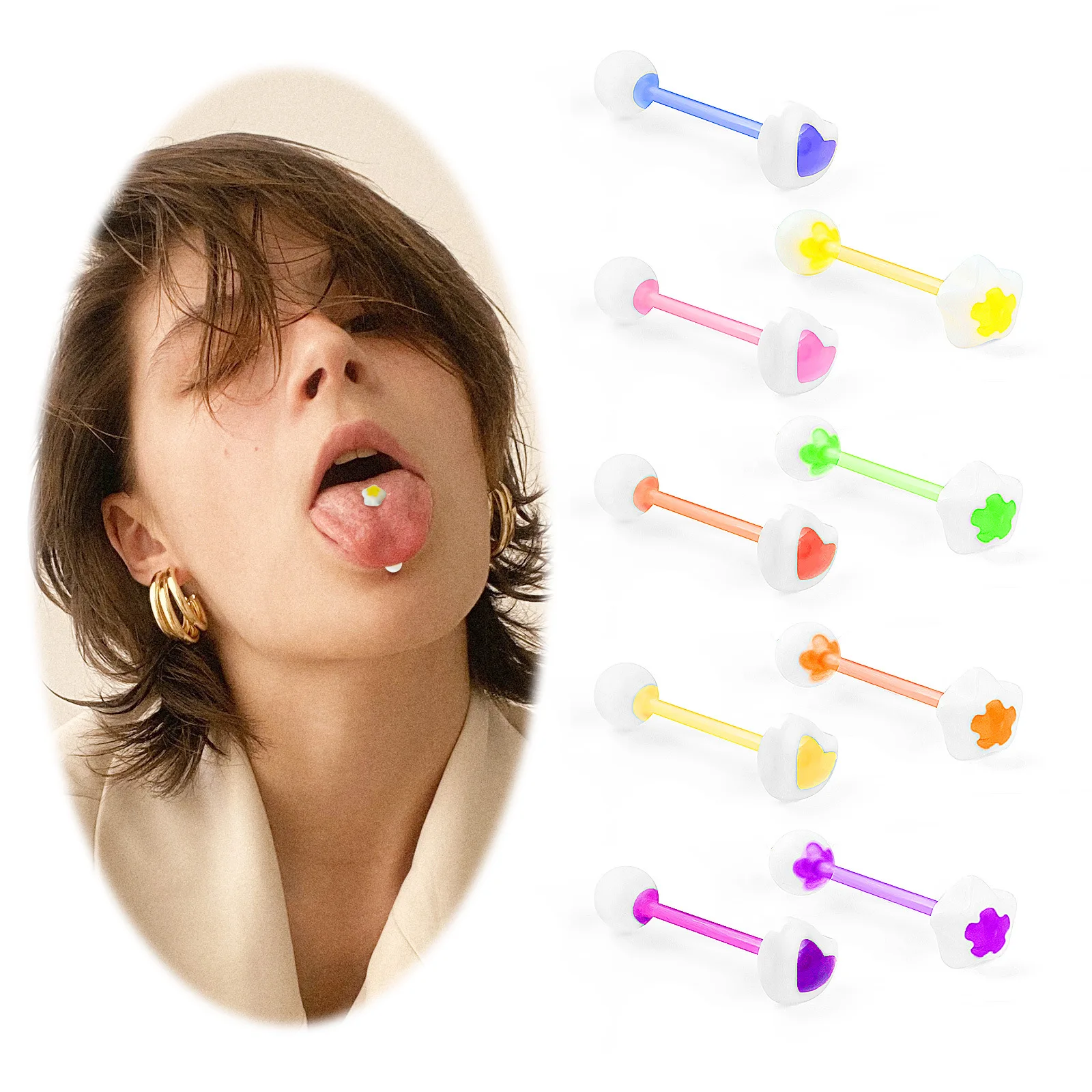 10PCS Candy Color Tongue Rings Barbell Piercing Heart Flower Shape Acrylic Anti-allergic Body Jewelry Men Women