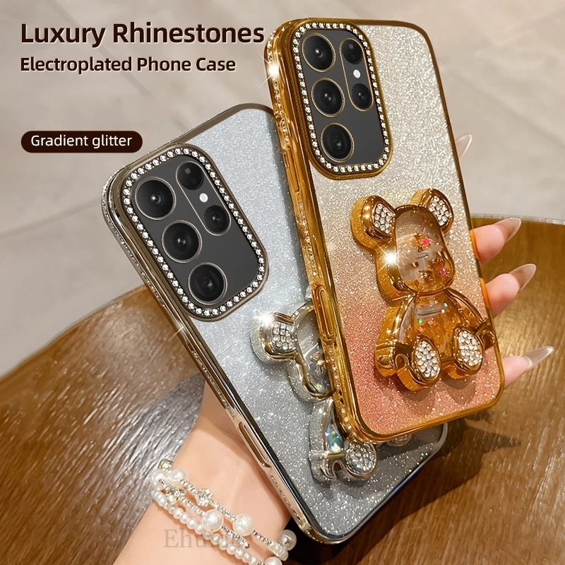 Diamond Glitter Bear Stand Case für Samsung Galaxy S25 Ultra S24 FE S23 S22 A17 A16 A56 A36 Luxus stoßfeste Halter klare Abdeckung