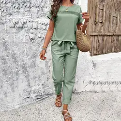 Summer Two-piece Suit Pocket Loose Fit Clothes Elegant Lace-up Waist Women's Top Pants Set with Hollow O Neck Pockets for A