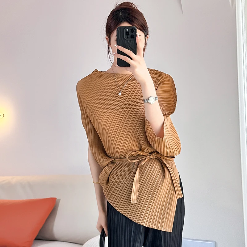 Miyake Pleated Solid Color Tops Ladies O Neck Batwing Sleeve Stretchy Irregular Bandage Lace Up Blouse Shirt Summer Clothes