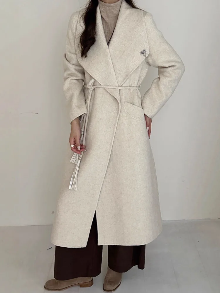 ZMEENNA レディース エレガント チャコール グレー ウール ブレンド ロング コート ワイド ラペル タイ ベルトとタッセル ディテール 冬 アウター ZM3707