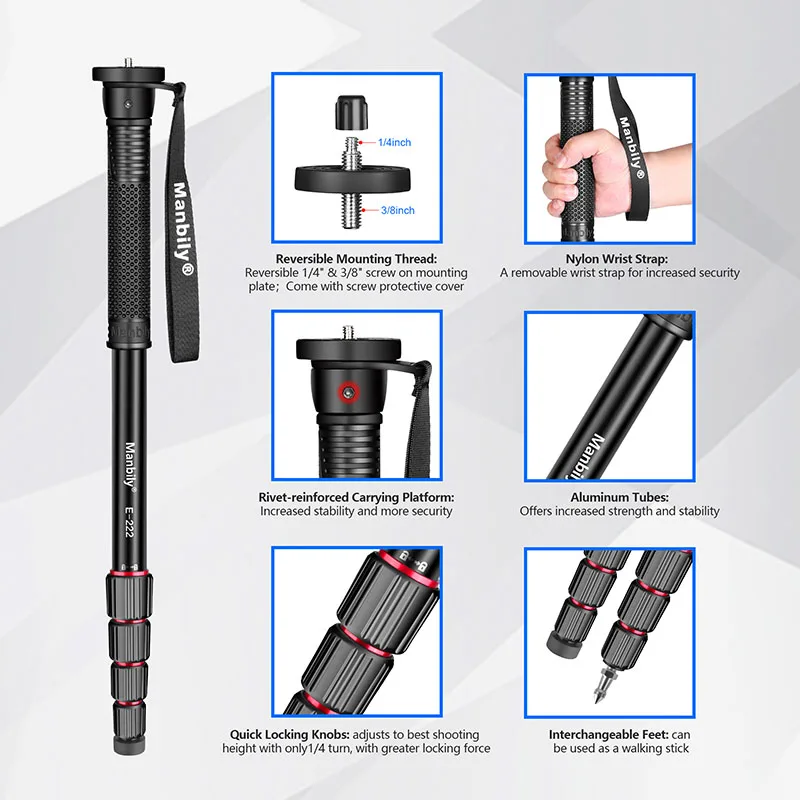 Manbily الألومنيوم Monopod 65 بوصة 5-قسم التوسع في الهواء الطلق السفر التصوير دعم قوس المحمولة المشي الرحلات عصا
