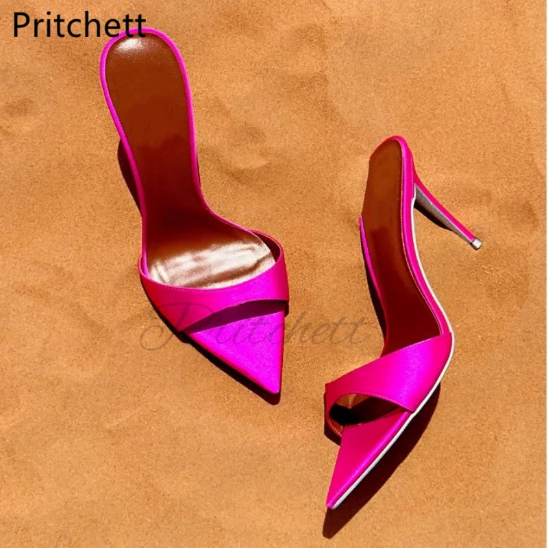 

Colorful Satin Pointed Toe Stiletto Women's Slippers with Heels Runway Shoes Sexy High Heeled Sandals Banquet Party Lady Shoes