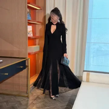 2025 primavera/verão novo vestido feminino em torno do pescoço emenda renda manga longa estilo emagrecimento