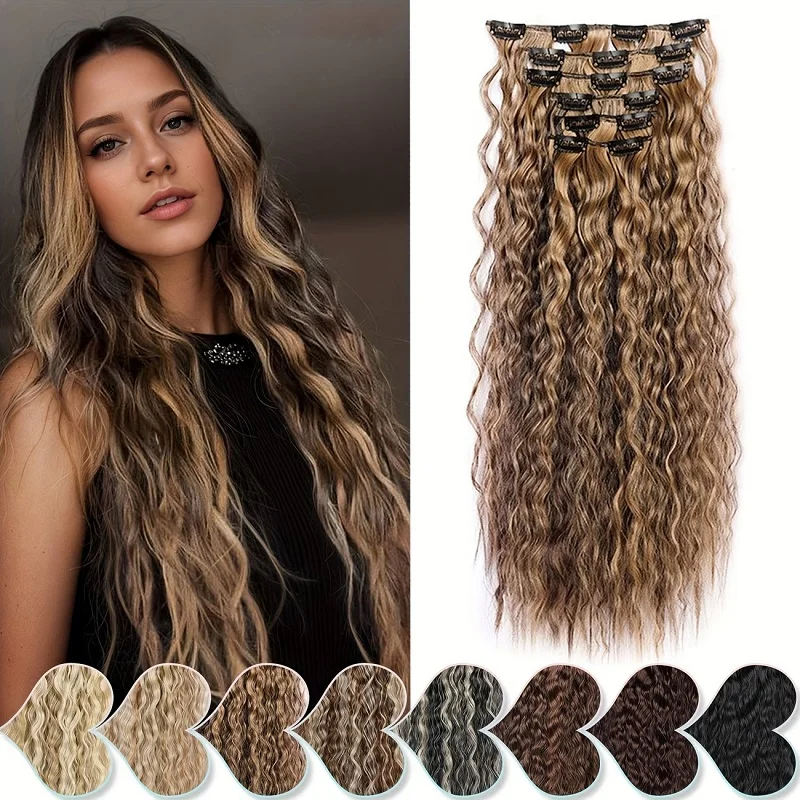 22Inch Synthetic Long Kinky Curly Hair Extension 6pcs/set Clip in Fluffy Hairpiece for Women Daily Use