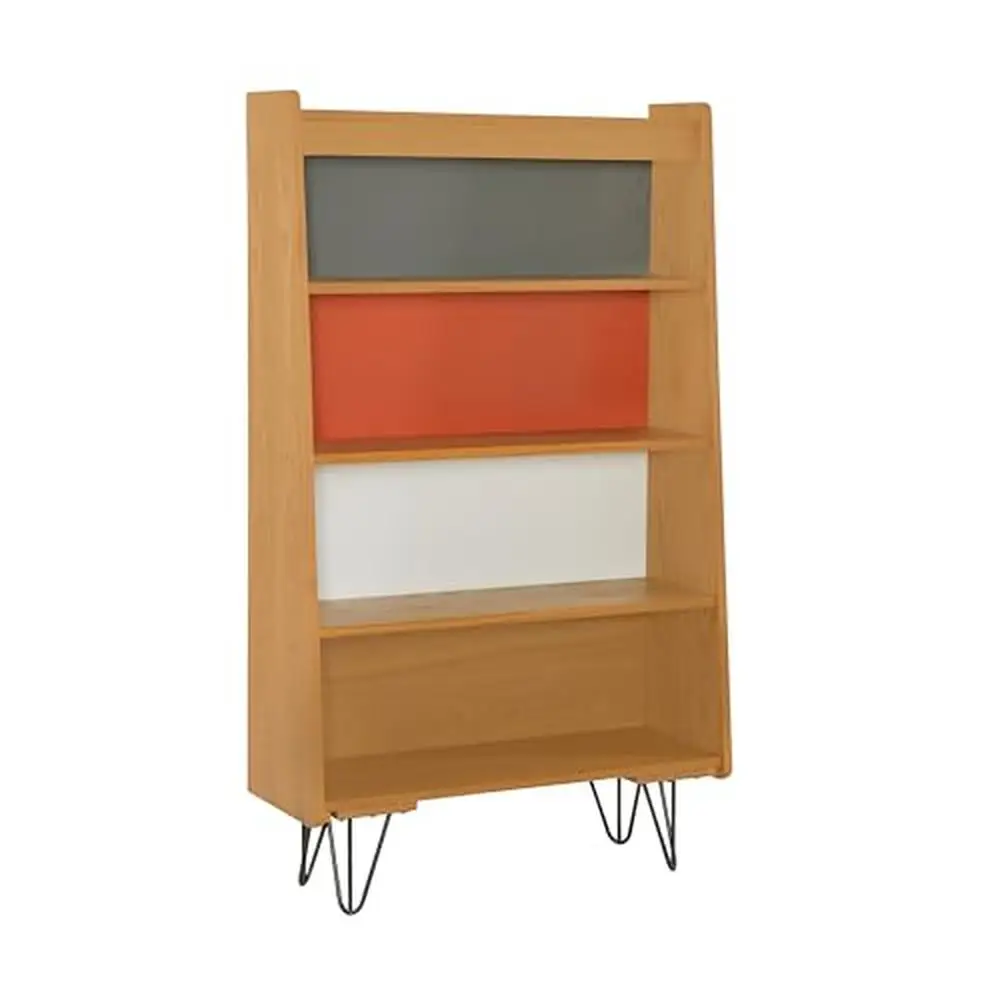 Contemporary Iron Legs Bookcase with Four Shelves Ash Veneer Frame Natural/Gray/Orange/White Sturdy 10.25