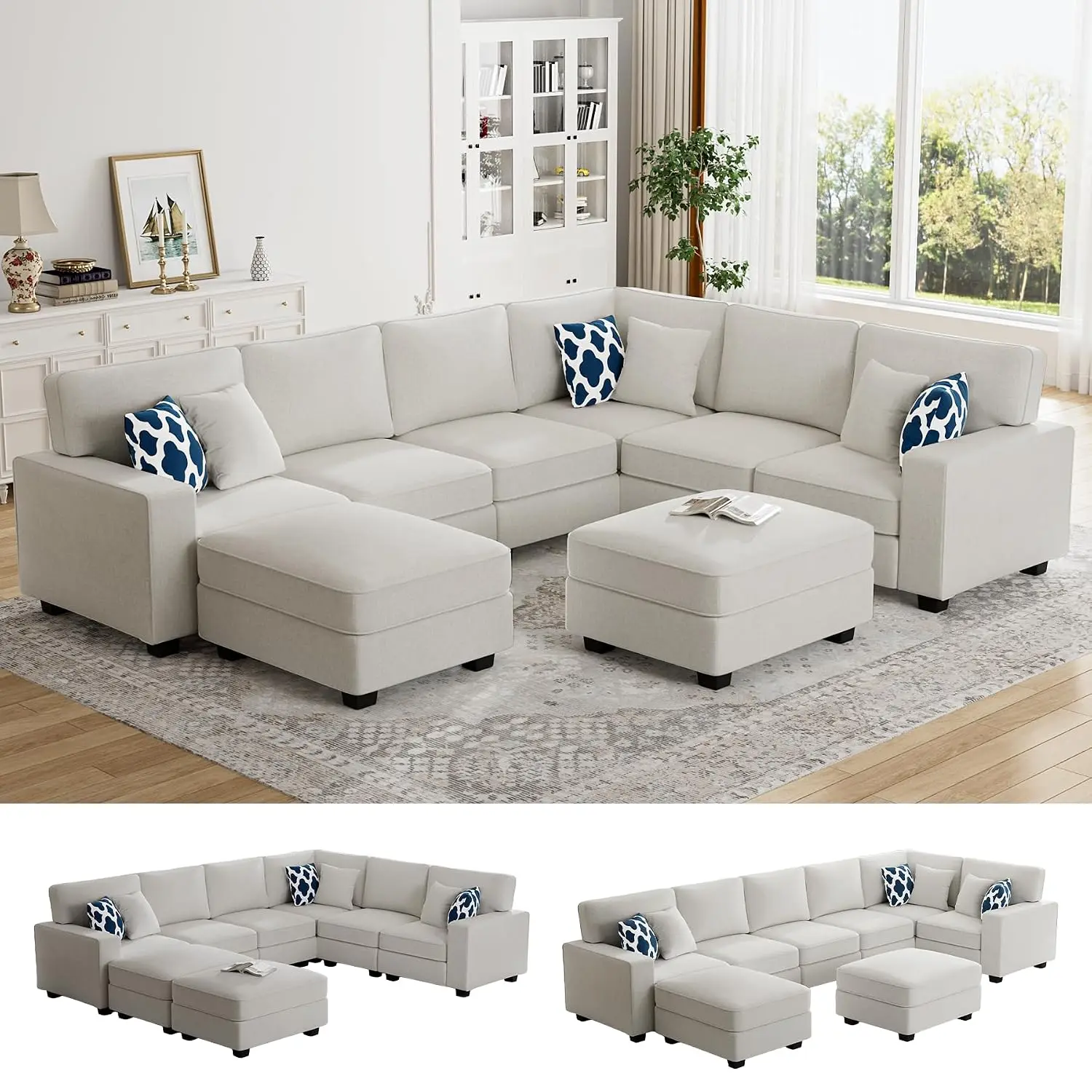 Oversized Modular Sectional Sofa U/L-Shaped Reversible with Ottoman Deep Seat Plush Polyester 8-Seater Living Room, Customized
