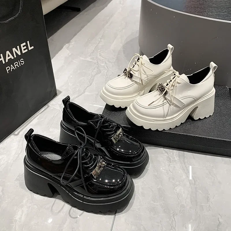 Women's height-raising platform small leather shoes white platform shoes Lockbuckle square buckle jk lace-up single shoe loafers