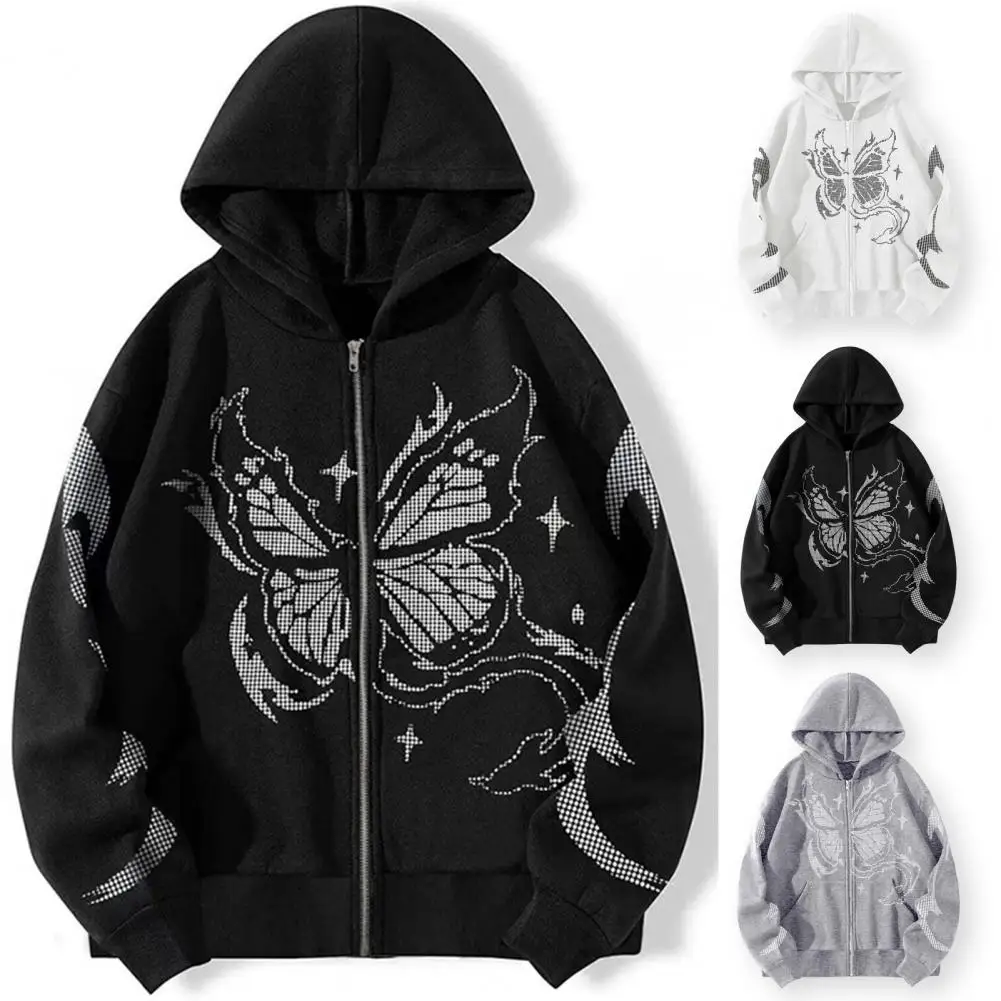 

Autumn Winter Men Butterfly Print Zipper Sweater Hoodie Coat Pockets Zipper Placket Sports Cardigan Jacket Streetwear