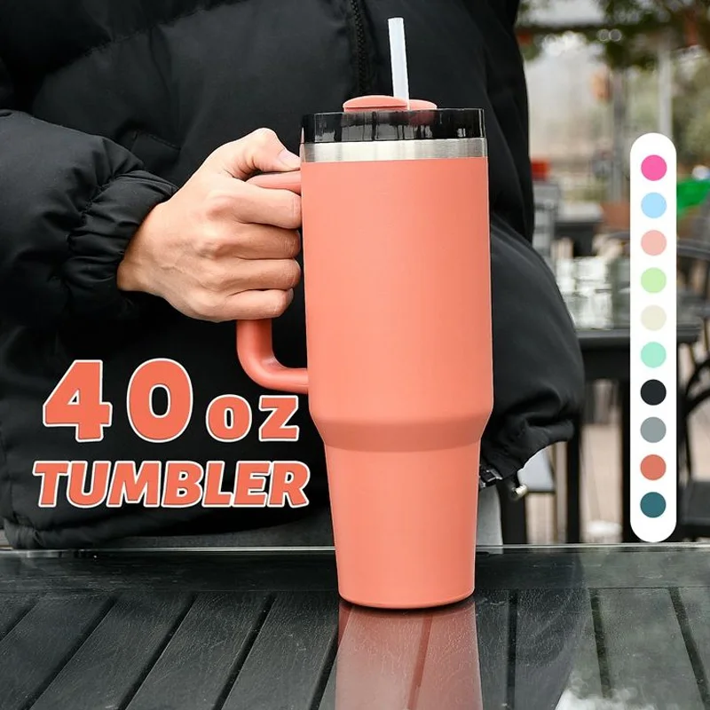 

40oz Stainless Steel Insulated Car Cup with Handle & Straw - Keeps Cold & Hot, Ideal for Coffee/Beer, Great Holiday Gift, Portab