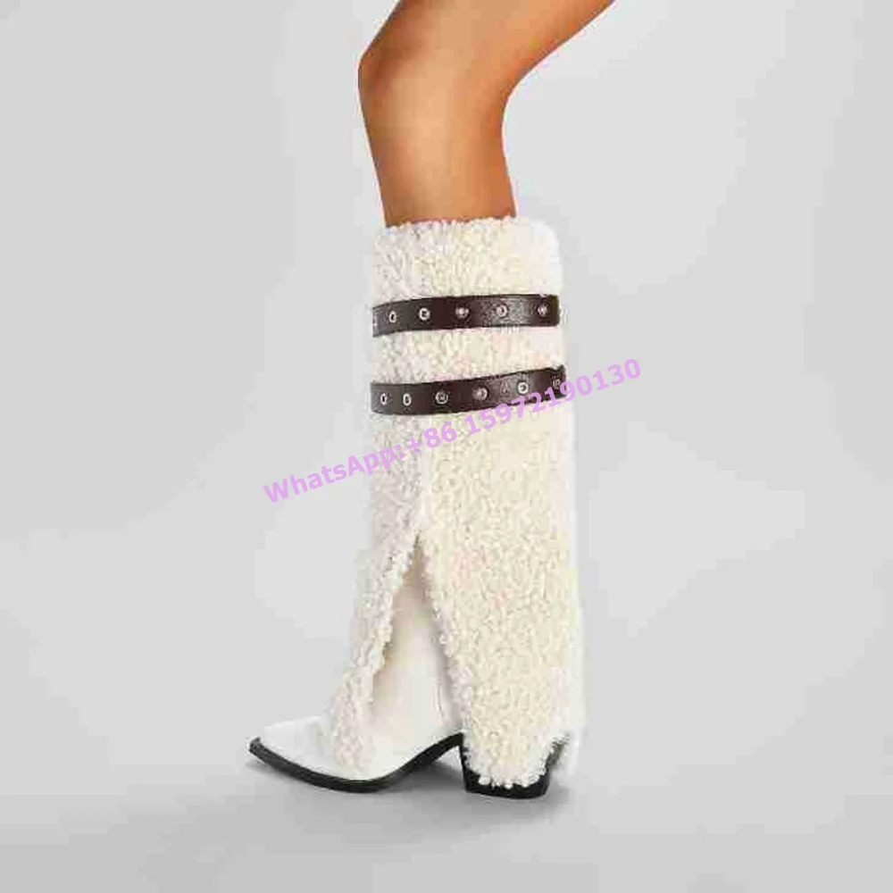 White Furry Belt Boots Slip On Patchwork Turn Over Edges Pointy Toe Chunky Heels Lovely Shoes Winter Warm Fashion Women's Shoes