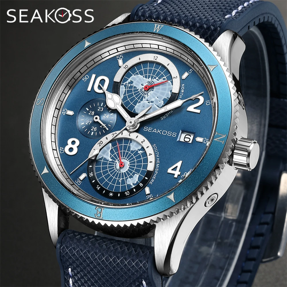 

SEAKOSS Men's Earth Fully Automatic Movement Mechanical Watch Year Month Indicate Silicone Strap Super Luminous Diver Wristwatch