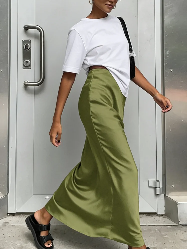 French Satin Fishtail Flowing Skirt High Waist Simulated Silk Elegant Female Long Skirt Chic Street Wrap Buttocks Half Skirt