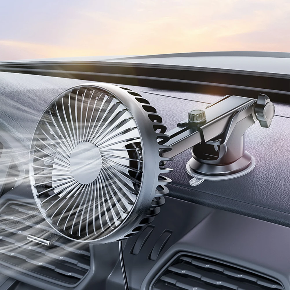 Ventola di raffreddamento per auto 12V/24V Ventosa USB Dispositivo di raffreddamento automatico Ventola per cruscotto per auto regolabile a 360 gradi Ventola automatica a testa singola a 3 velocità