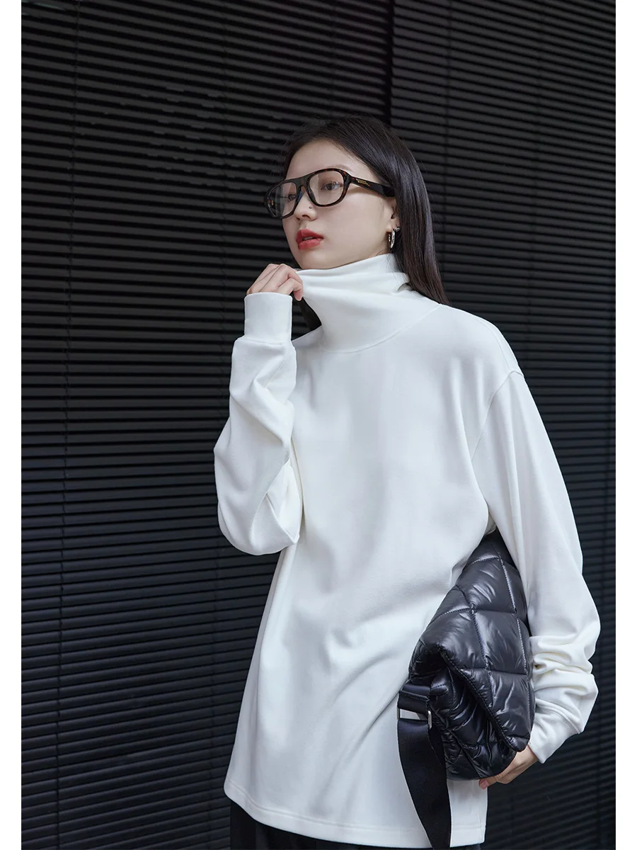 

Белая женская футболка с высоким воротником Long Sve Fce, свободная уличная футболка с классическим узором из смеси хлопка, базовый слой