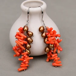 GG Natural Coffee Color Rice Pearl Orange Coral Dangle Earrings Hook Ear Chain For Lady