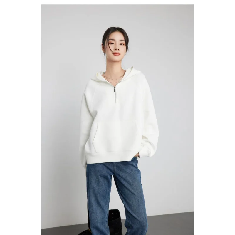 레트로 하프 집업 긴팔 스웨트셔츠 여성용 신상 패치워크 포켓 심플 후드 루즈 탑