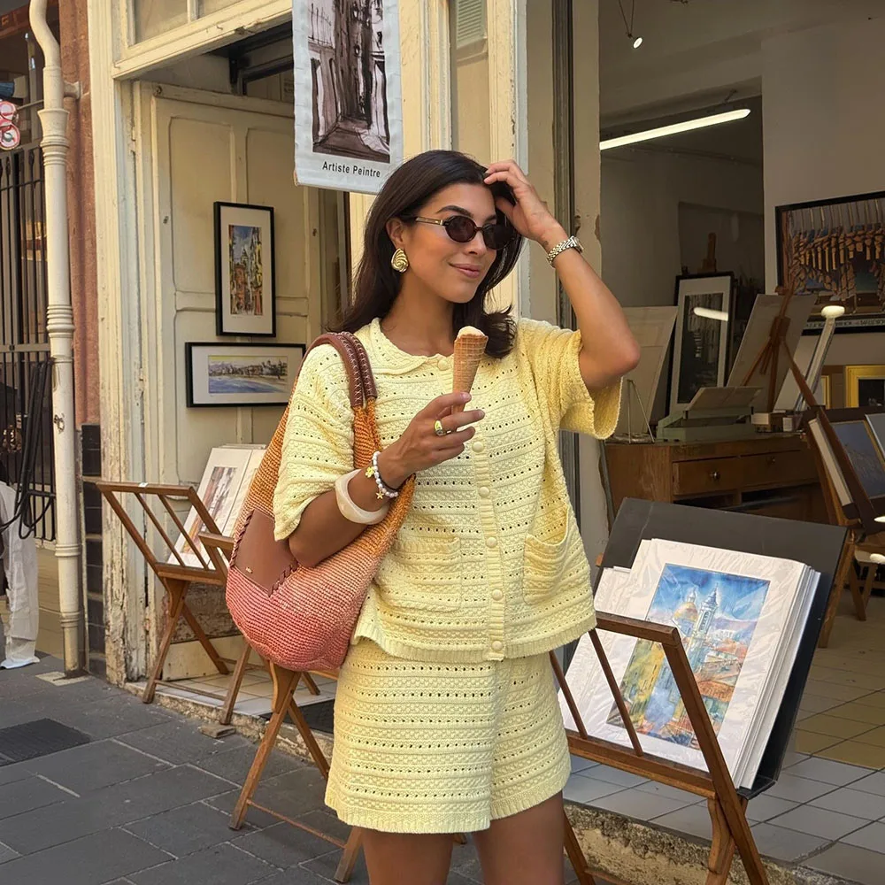 

New Polo Shirt Yellow Solid Color Short Sleeve Shorts 2PCS Set Summer Hollow Knitted Casual Style Women Matching Outfit