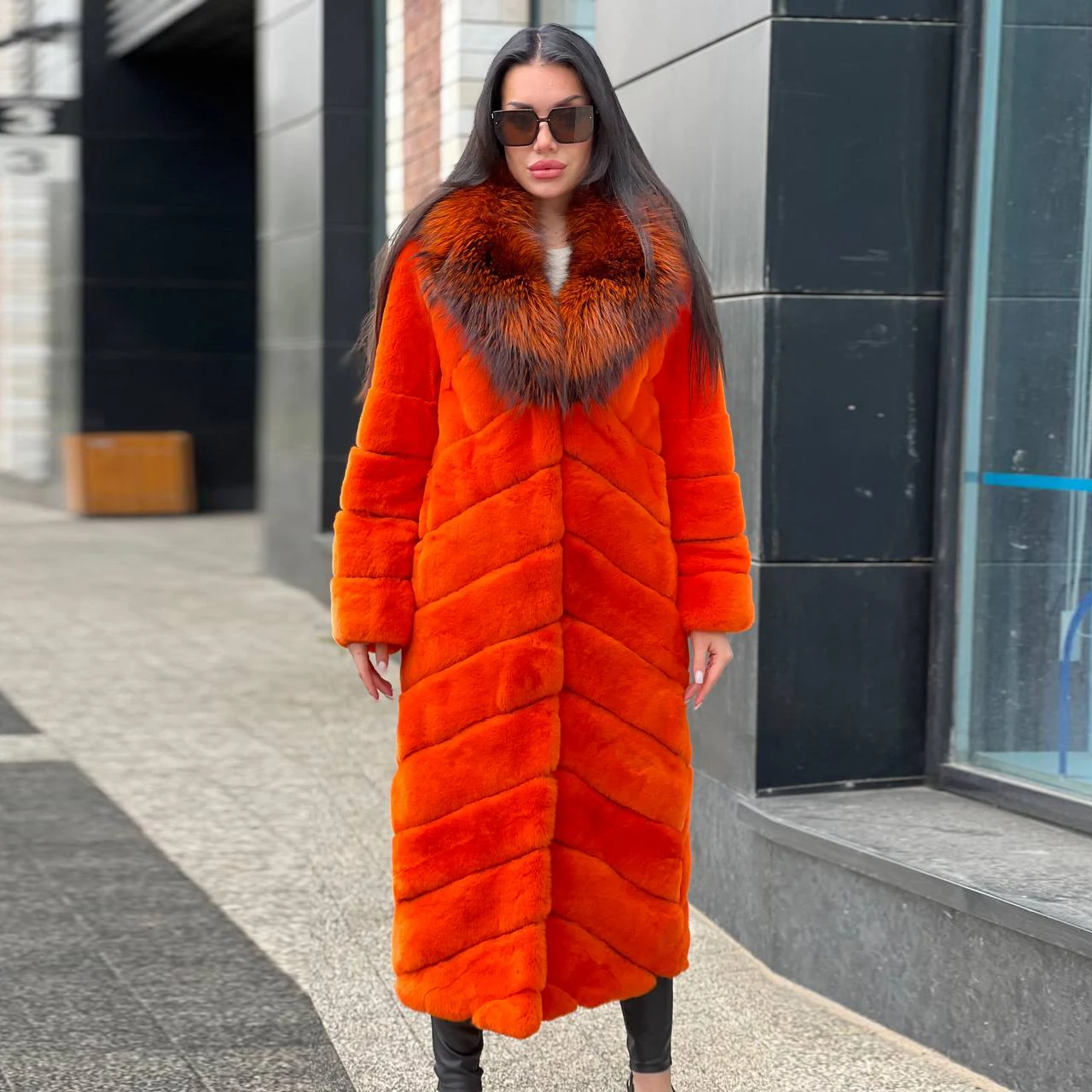 Moda feminina real rex coelho casaco de pele prata gola de pele de raposa outwear luxo inverno quente casaco feminino sólido casacos de pele genuína