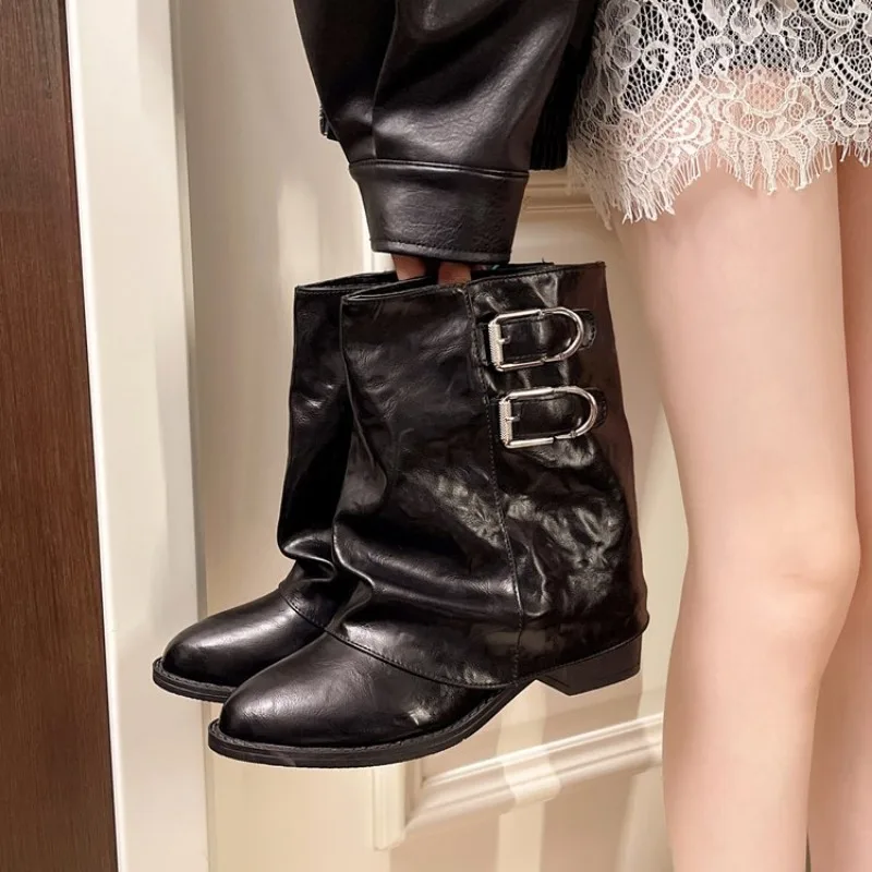 Soft Leather Ankle Mid Calf Boots Winter Autumn High Platform Wedge British Booties Woman New Ladies Chunky Motorcycle Boots 42