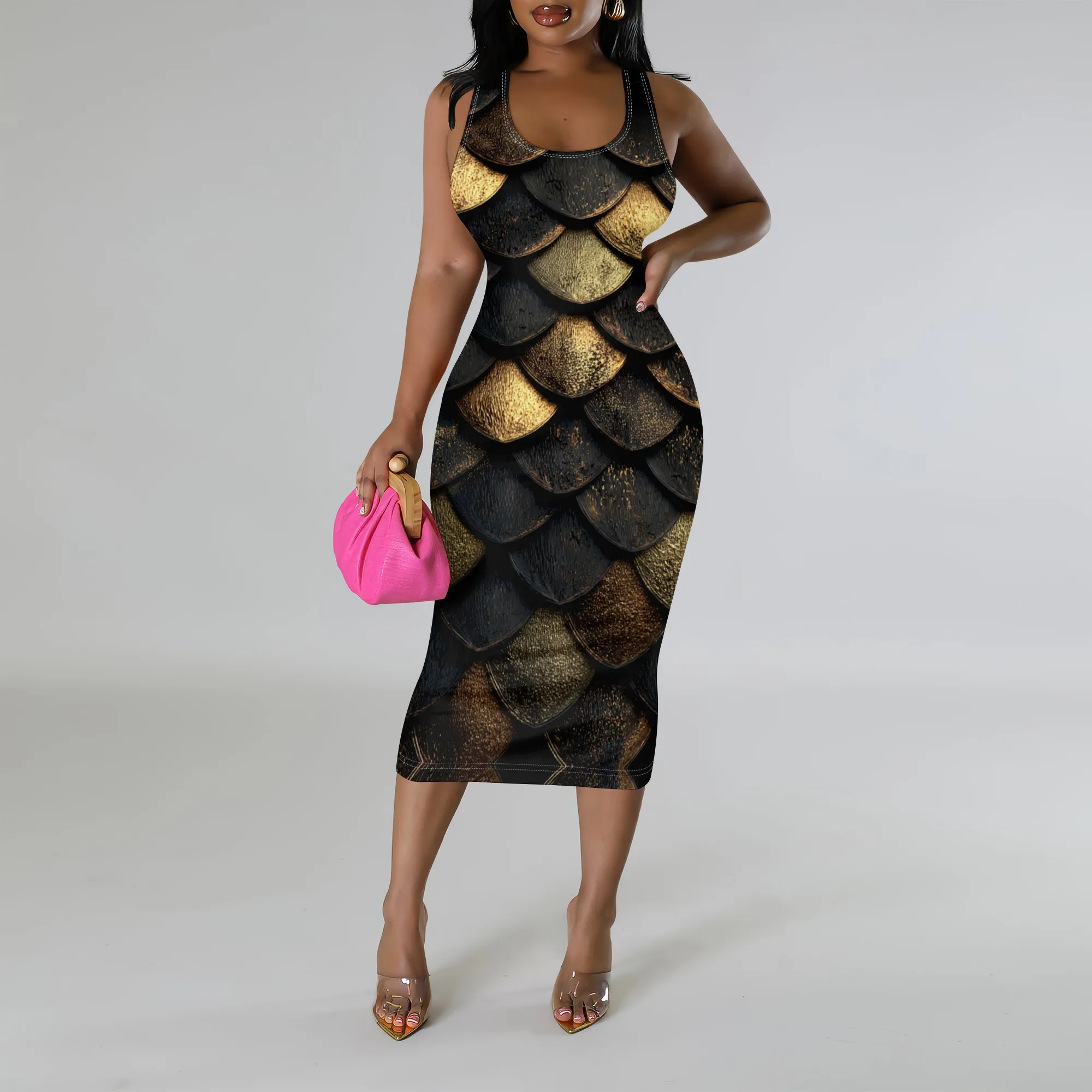 

Gold Scale Print Midi Dress XS‑3XL Sleeveless Bodycon Style for Nightclub, Bold Art Look or Fantasy Costume Party Outfit