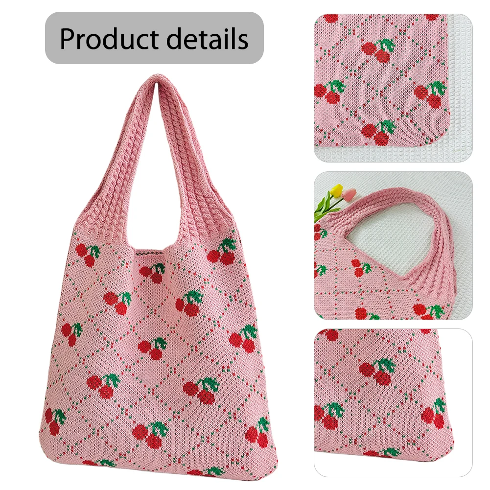 

Women Cute Shoulder Bag Cherry Printed Knitting Shoulder Bag Contrast Color Travel Shopping Handbag Ladies Daily Handbag