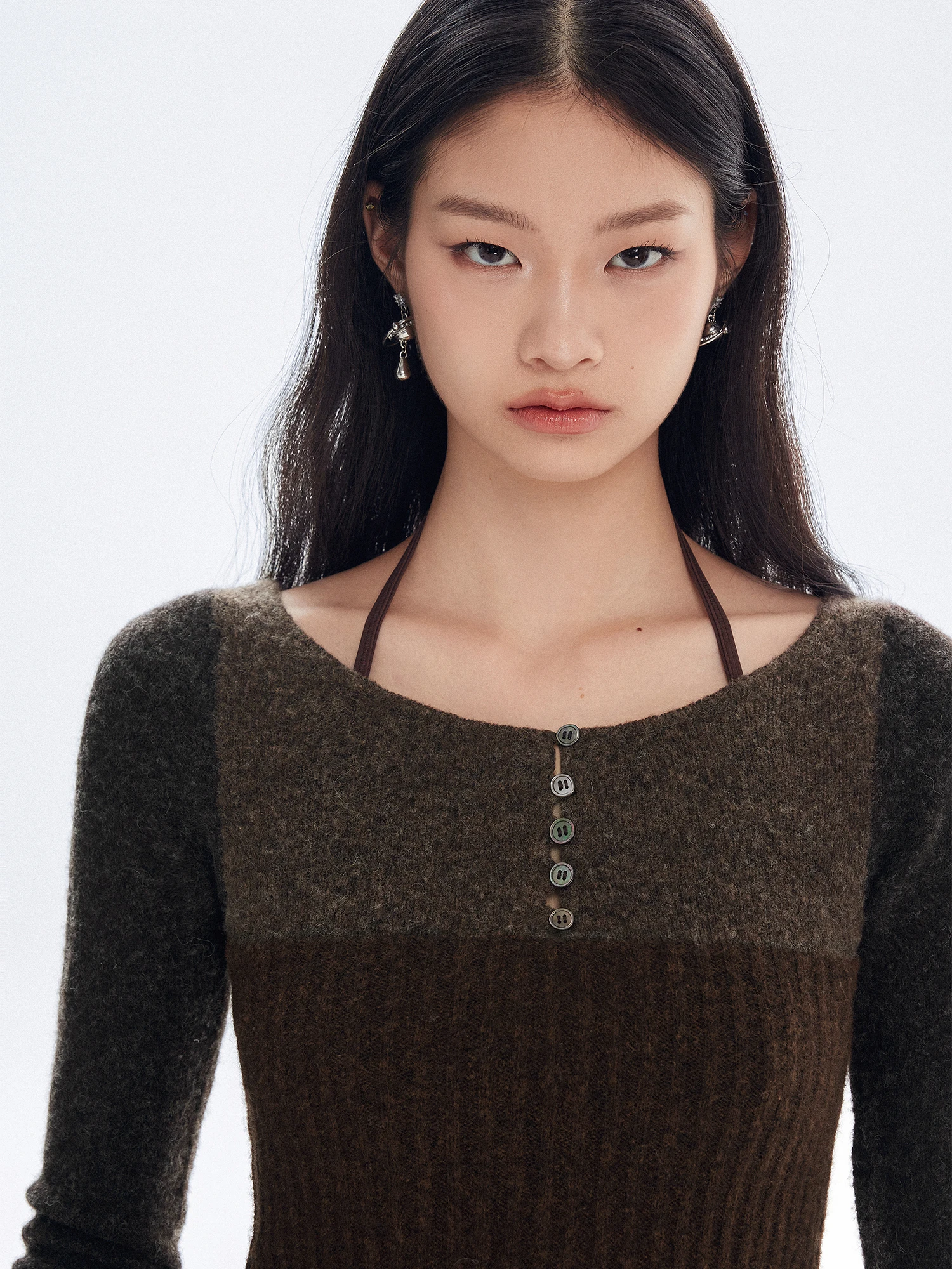 

MOLY CHO Vintage Color Blo Long Sve Knitted Top U-Ne Slim Fit Base irt Casual Sle Polyester Viscose Wool Blend