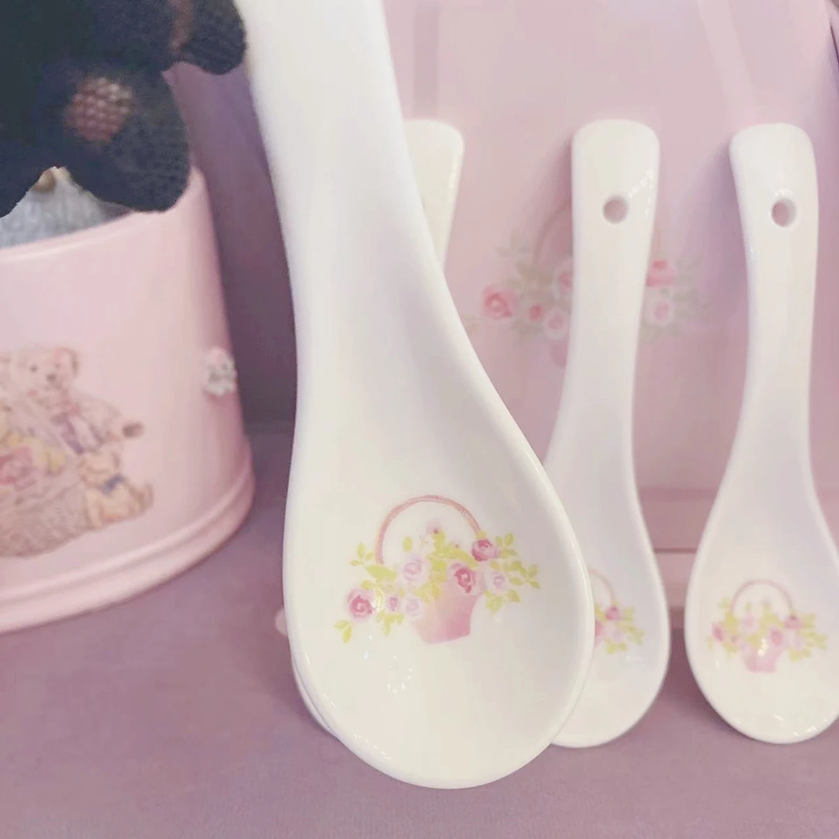 Cute Ceramic Flower Soup Spoon Kawaii Korean  Hand Painted Dessert Spoon With Long Handle Kitchen Tableware Accessories